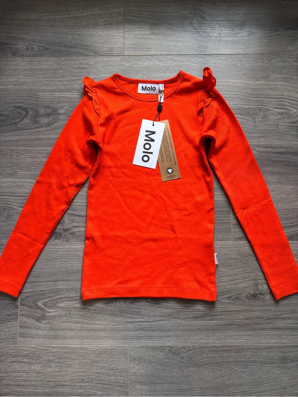 Molo Top Organic Cotton Long-Sleeve Ruffle Shoulder Bright Orange Ribbed Knit